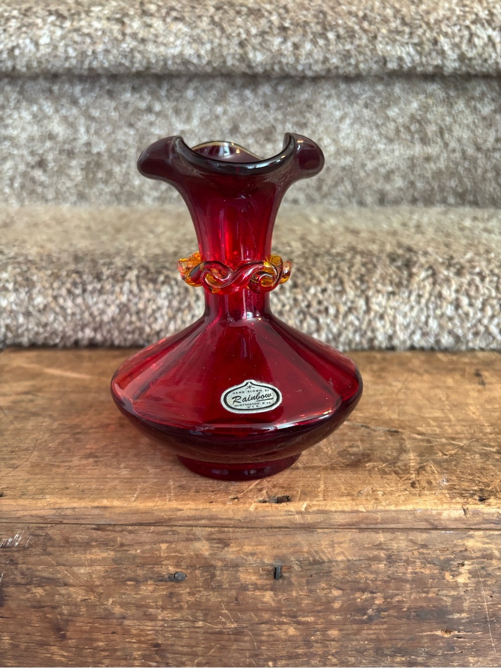 Rainbow Deep Ruby Red Glass Vase with Amber Twist